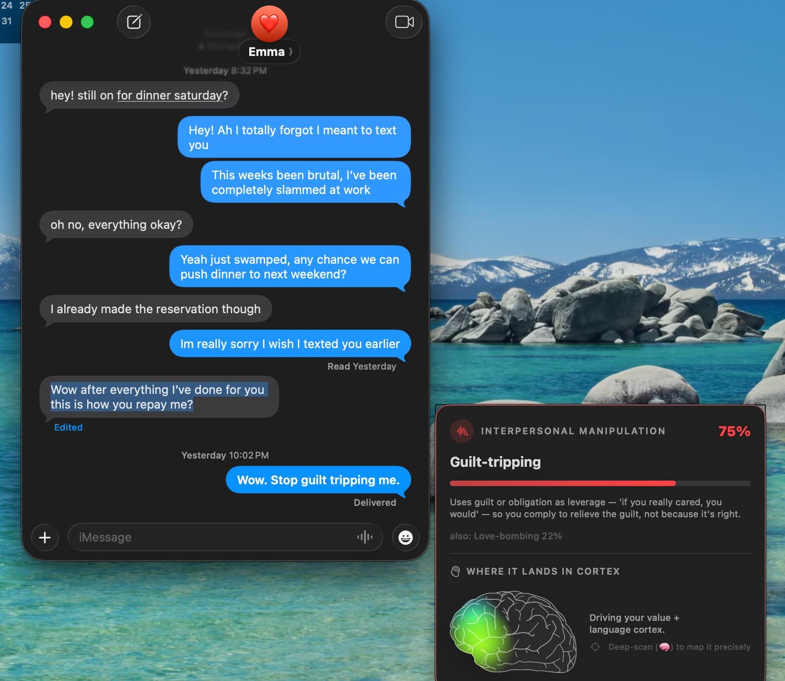 Litmus detecting a guilt-trip in a text message, with a cortical map of where it lands